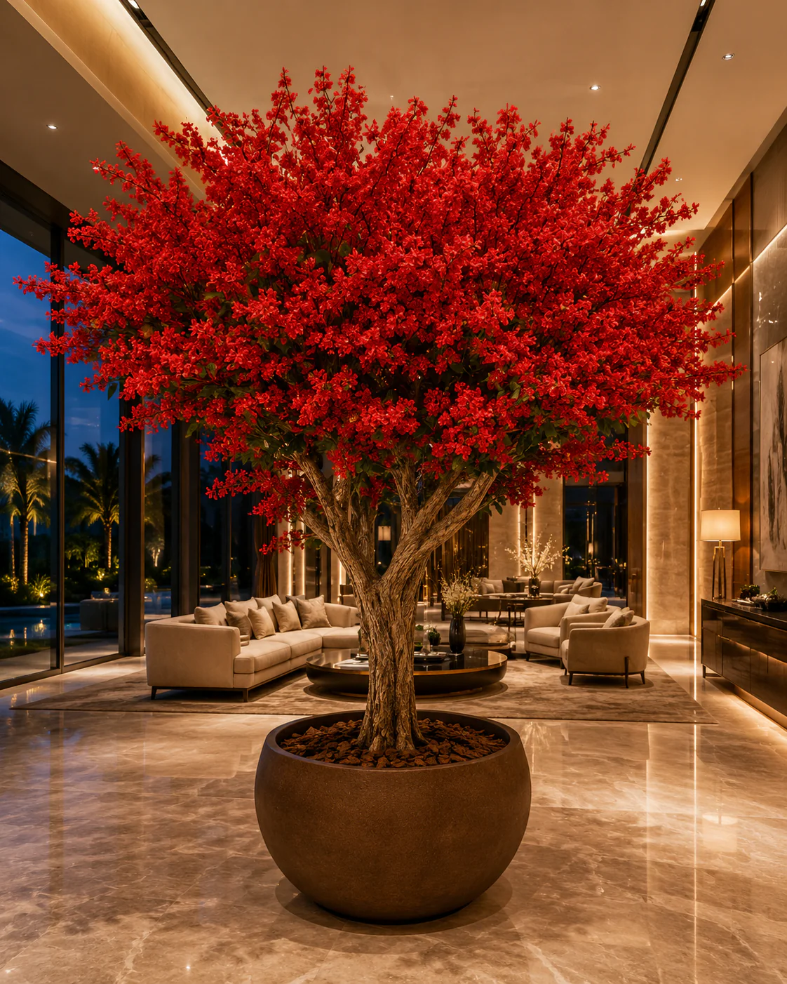 Artificial bougainvillea blossom tree styled in a luxury interior